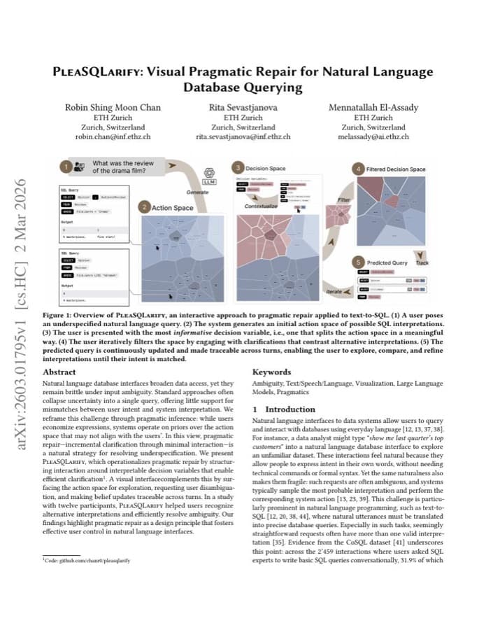 First page of “PleaSQLarify: Visual Pragmatic Repair for Natural Language Database Querying”