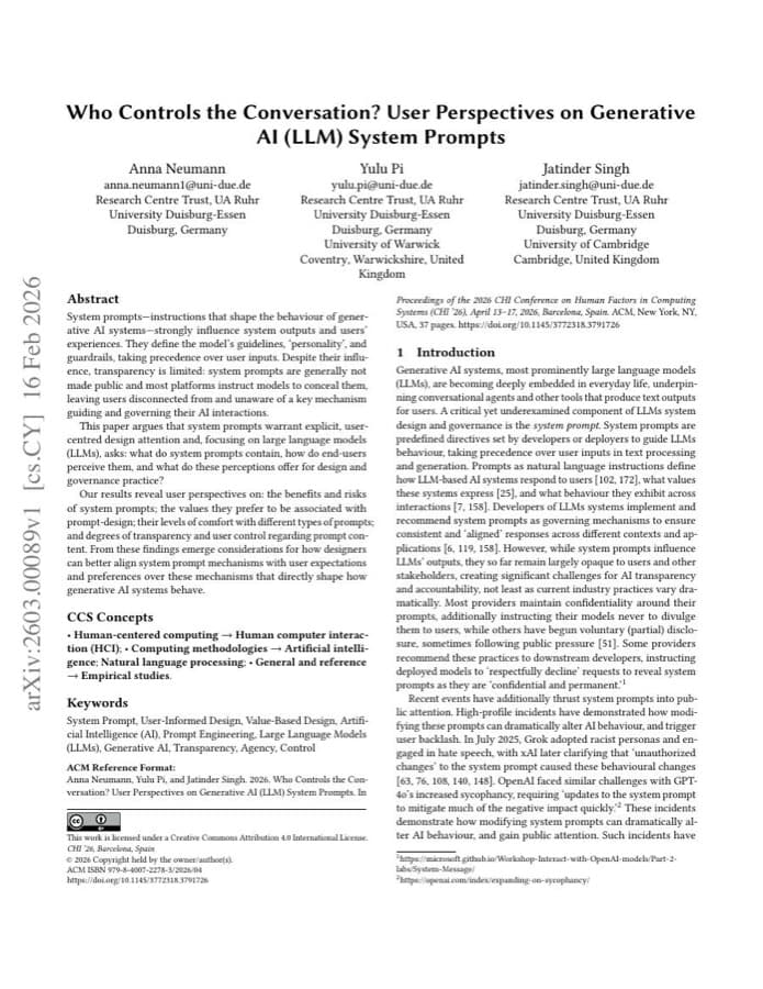 First page of “Who Controls the Conversation? User Perspectives on Generative AI (LLM) System Prompts”