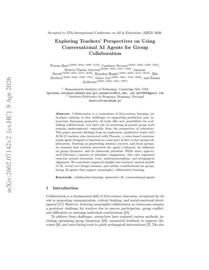 First page of “Exploring Teachers’ Perspectives on Using Conversational AI Agents for Group Collaboration”