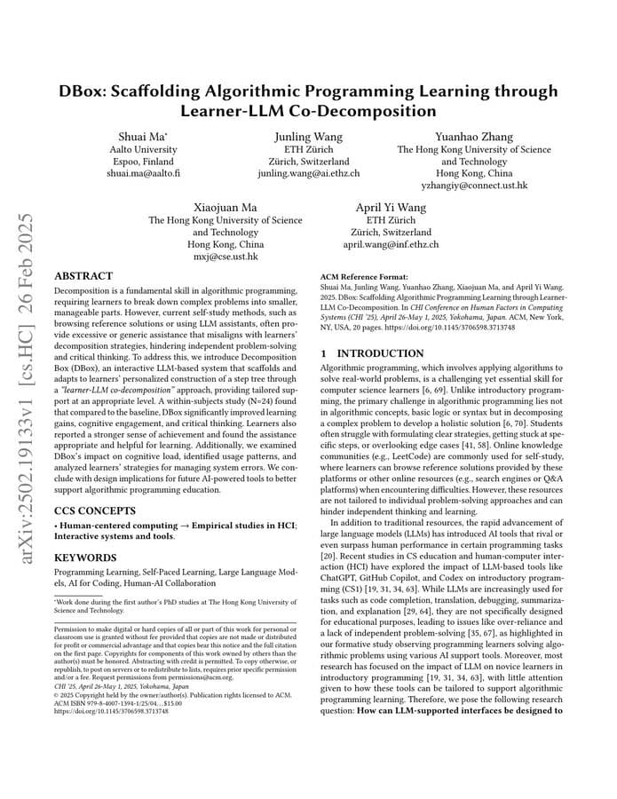 First page of “DBox: Scaffolding Algorithmic Programming Learning through Learner-LLM Co-Decomposition”