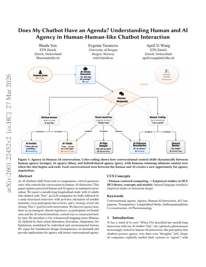 First page of “Does My Chatbot Have an Agenda? Understanding Human and AI Agency in Human-Human-like Chatbot Interaction”